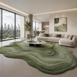 May include: A modern living room featuring a large, abstract green rug with a wave-like design. A beige sectional sofa with green accent pillows sits on the right. A round coffee table and large windows with a city view complete the scene.