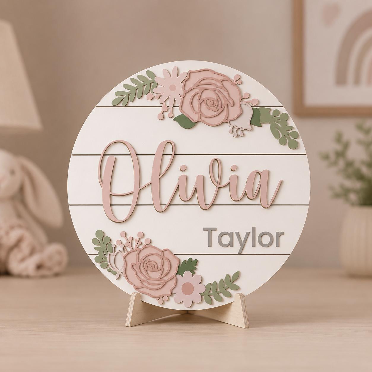 Personalized Baby Name Wooden Sign – Custom Floral Design for Nursery ...