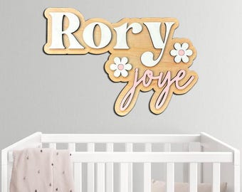 Personalized Nursery Name Sign, Custom Wooden Name Sign with Flowers, Wood Wall Decor for Baby Girl Room, Boho Floral Kids Room Name Plaque
