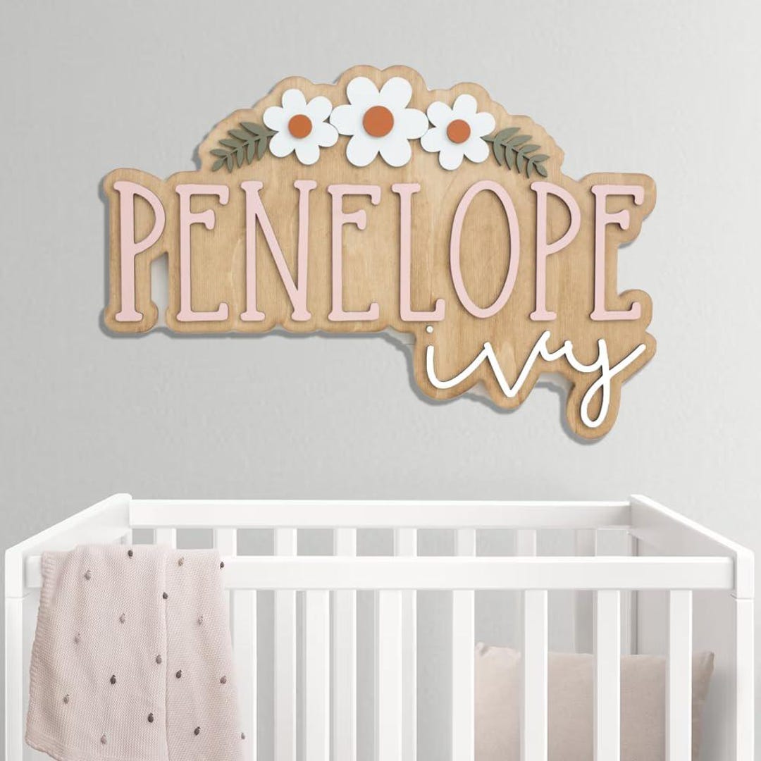 Custom Wooden Nursery Name Sign – Layered Baby Name Wall Decor, Floral ...