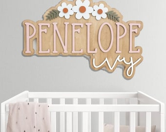 Custom Wooden Nursery Name Sign – Layered Baby Name Wall Decor, Floral Kids Room Sign, Personalized Baby Girl Nursery Decor