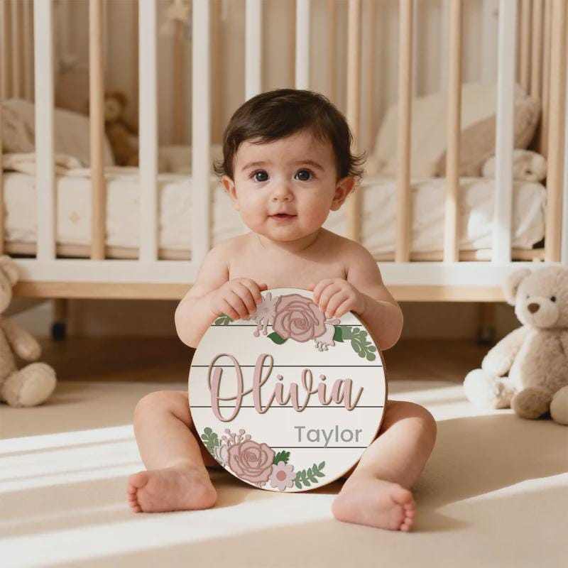 Personalized Baby Name Wooden Sign – Custom Floral Design for Nursery ...