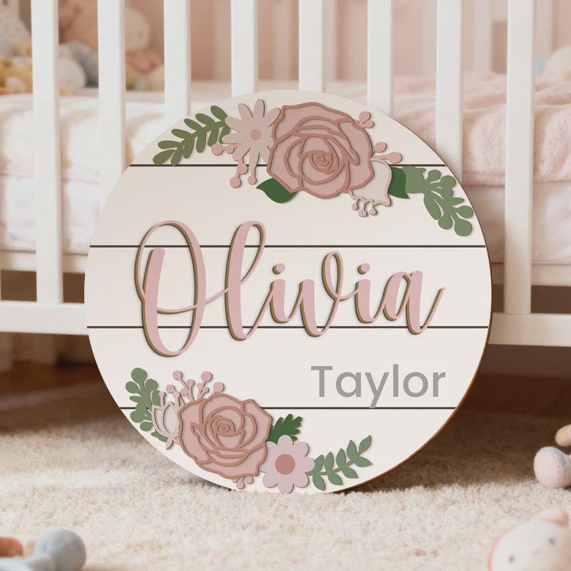 Personalized Baby Name Wooden Sign – Custom Floral Design for Nursery ...
