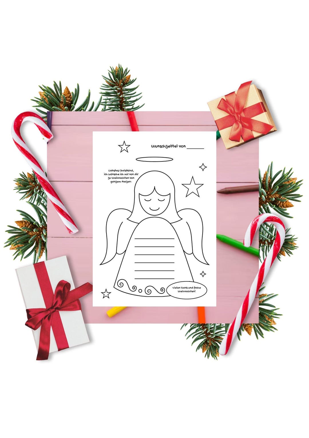 Christmas Wish List Coloring Page Template for Children Digital