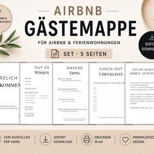 May include: A set of five minimalist Airbnb guest information sheets. The sheets include welcome, Wi-Fi, check-out, tips, and checklist sections. The design is in black and white with the text "Airbnb Gästemappe" at the top. The set is designed to be printed in A4 size.