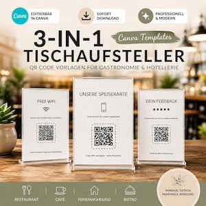 Könnte beinhalten: Drei transparente Acryl-Tischaufsteller mit weißen Einlegern, schwarzem Text und QR-Codes. Die Schilder zeigen den Text 3-IN-1 TISCHAUFSTELLER, FREE WIFI, UNSERE SPEISEKARTE und DEIN FEEDBACK sowie Symbole für WLAN, ein Smartphone und Sterne.