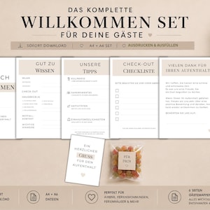 May include: A welcome set for guests, featuring printed cards with information and checklists, a small bag of candies, and a water bottle. The cards have text in German, with a minimalist design in beige and brown tones. The set is designed for Airbnb rentals and vacation homes.