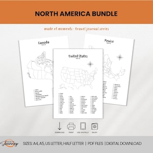 North America Map Bundle - Canada, USA, Mexico Travel Map - Country Checklist - Travel Log - Printable Travel Planner Journal Insert