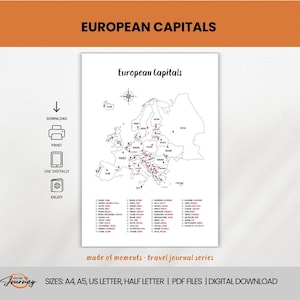 European Capitals Checklist – Europe Travel Map – Travel Journal Page – Printable Planner Insert