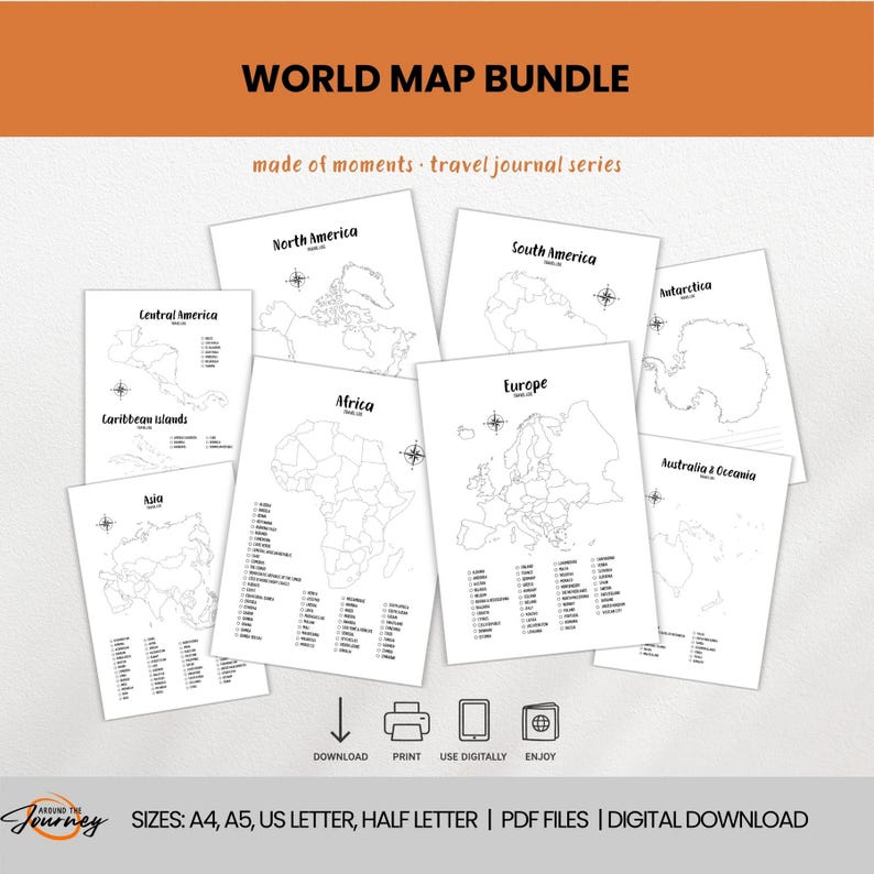 World Map Bundle - Continent Maps & Country Checklist - Travel Log ...