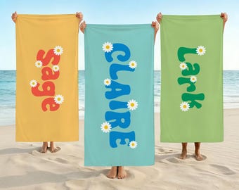 Spersonalizowany ręcznik plażowy, ręcznik z kwiatowym wzorem stokrotek, ręcznik plażowy z imieniem dla dziewczynki, specjalny prezent dla dziewczynki, letnie niezbędniki, ręcznik na wycieczkę dla dziewczynki, ręczniki na imprezę przy basenie