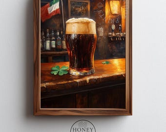 Arte vintage da pub irlandese, dipinto rustico e accogliente di una pinta scura con schiuma cremosa, stampa festosa in stile cottagecore, decorazione da bar stampabile 144