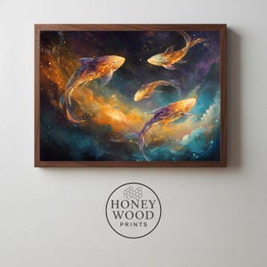 May include: A framed wall art print featuring three fish swimming through a nebula of orange, blue, and purple cosmic clouds. The fish appear to be composed of glowing light and stardust, set against a dark, starry background within a wooden frame.