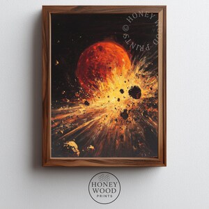 May include: A framed print featuring an abstract depiction of a celestial explosion. The artwork showcases a fiery orange and yellow burst against a dark background, with scattered debris. The frame is made of wood.