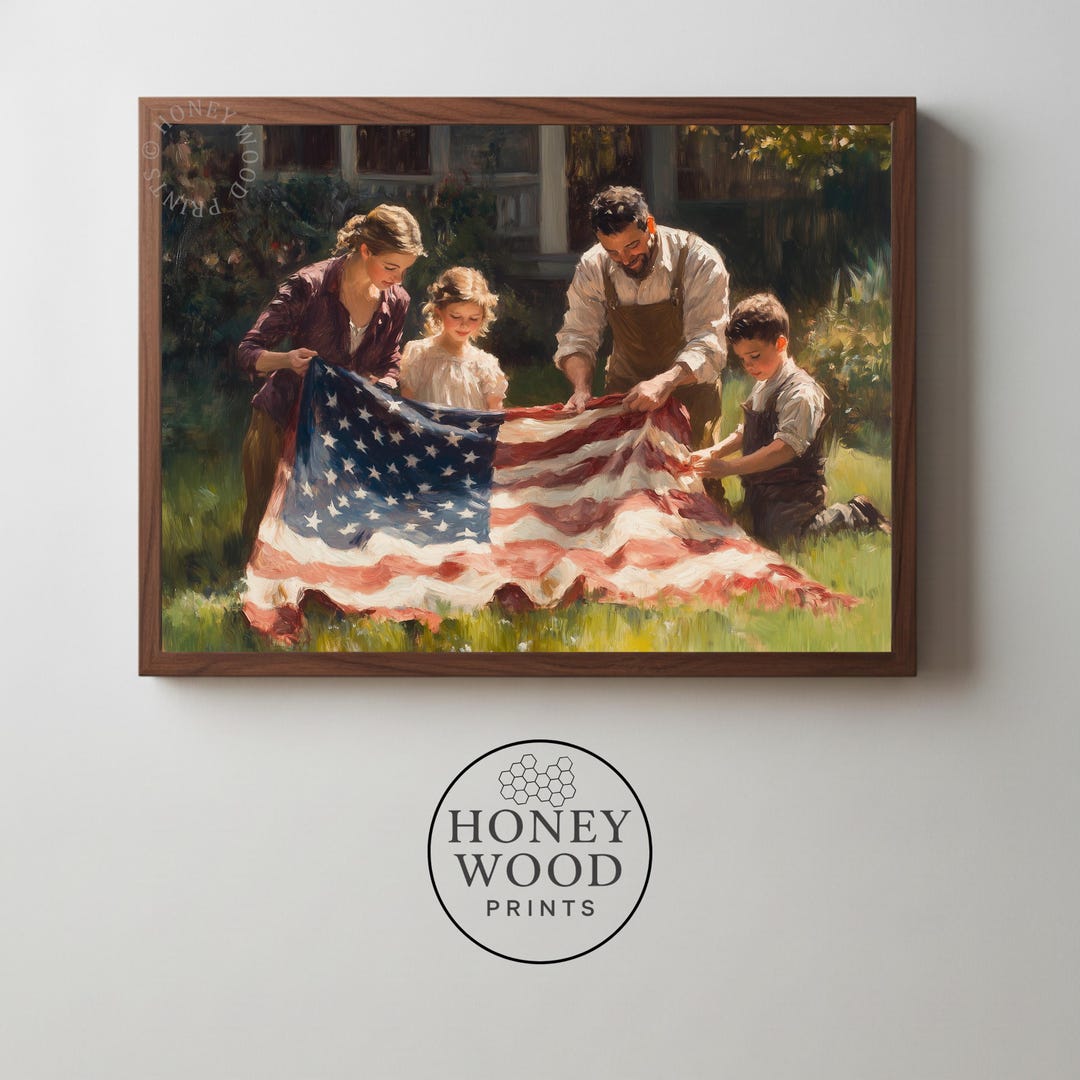 Family Unfolding American Flag - Nostalgic Vintage Patriotic Americana ...