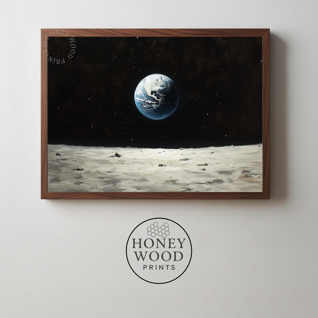 Vintage Moon Surface and Earthrise Art - Retro Space Landscape Print ...
