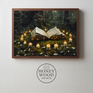 May include: A framed print depicts an open book surrounded by lit candles in a forest setting. The book's pages glow, and the candles cast a warm light on the mossy ground. The frame is a dark wood.
