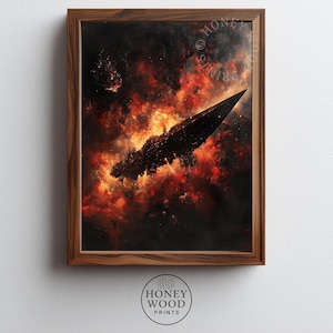 May include: A framed print featuring a dark, futuristic spaceship soaring through a fiery, orange and red nebula. The artwork has a dramatic, cinematic feel, with a detailed, textured appearance. The frame is made of wood.