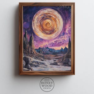 May include: A framed print of a vibrant, surreal landscape. The artwork features a large, swirling celestial body in shades of orange and yellow, set against a purple and blue sky. The foreground depicts a rocky terrain with mountains and a winding path.