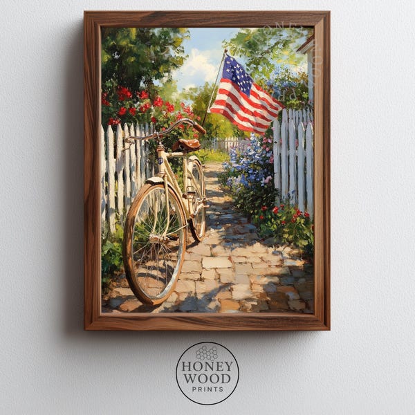 Vintage Bicycle with Waving American Flag - Cottagecore Farmhouse Art, Sunny Picket Fence Scene, Patriotic Instant Printable Wall Decor 135