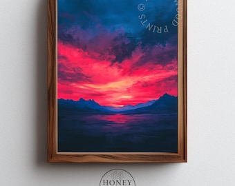 Twilight Sunset Over Mountain Ridge - Printable Dramatic Landscape Art, Cinematic Crimson & Blue Sky, Earthy Wall Decor Digital Painting 226