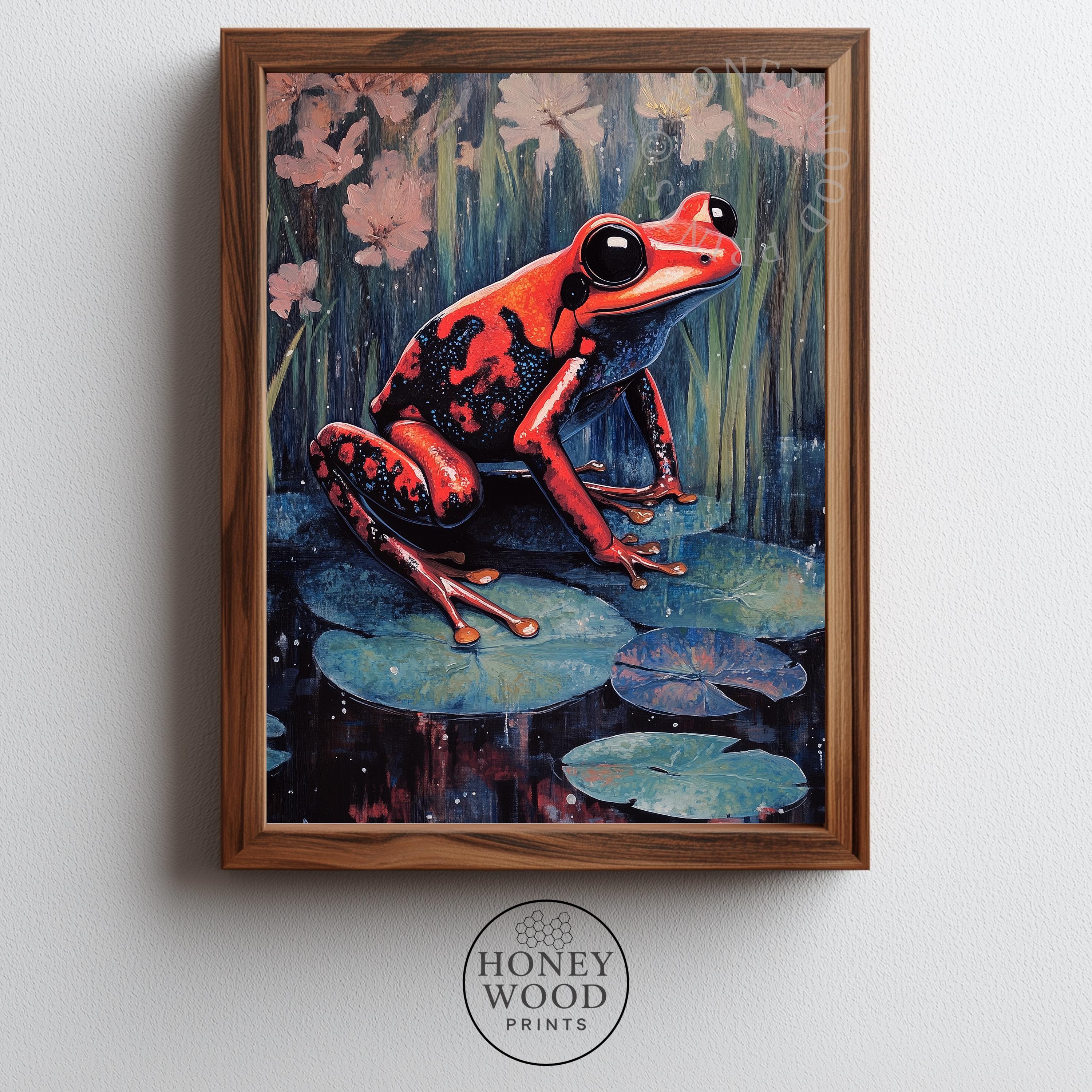 Bold Poison Dart Frog Painting - Bright Red and Black Frog on Lily