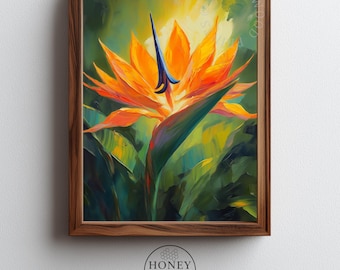 May include: A framed art print featuring a vibrant painting of a bird of paradise flower. The artwork showcases the flower's orange petals and blue accents against a green and yellow background. The frame is made of dark wood, and the print is from Honey Wood Prints.