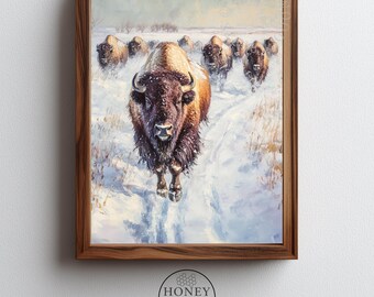 Rustic Winter Bison Herd Painting - Moody Wildlife Landscape Art, Printable Prairie Scene, Farmhouse Wall Decor, Digital Download  280