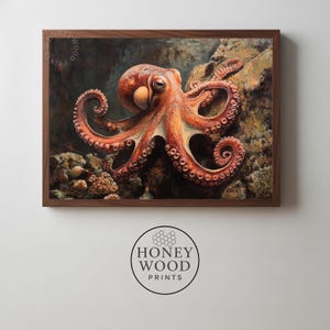Dipinto di polpo marino stampabile - Arte realistica della fauna costiera, scena oceanica suggestiva, illustrazione dettagliata della vita marina, download digitale 476