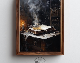 Stämningsfull apotekare utskrivbar - Spöklik häxig trollformelbok med bubblande trolldryckkonst, gotisk Cottagecore heminredning, vintage Halloween digital 319