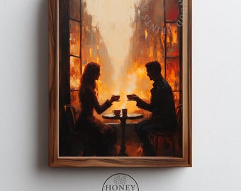 Moody Cafe Couples Retreat - Romantic Vintage Style Art, Cozy Impressionistic Painting, Warm & Intimate Printable Wall Decor Digital 294