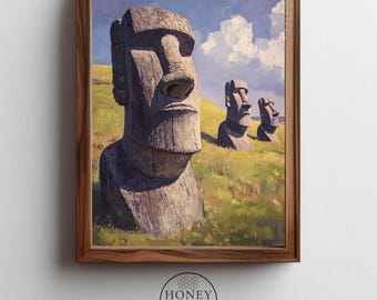 Easter Island Moai Statue Painting - Printable Twilight Scene with Grassy Hillside, Coastal Wall Decor, Dramatic Digital Download  219