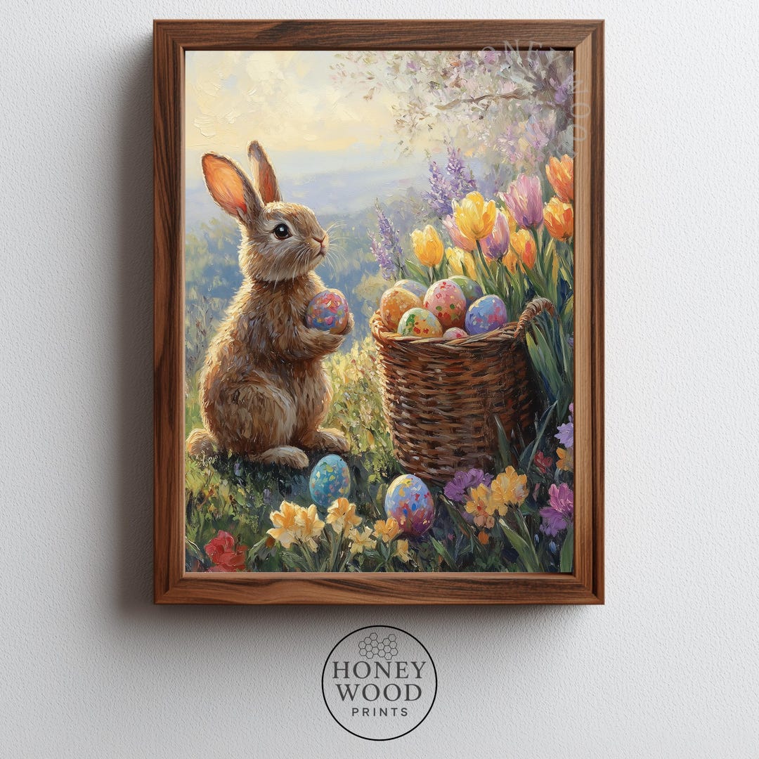 Spring Rabbit Holding Easter Egg - Cottagecore Bunny Art, Warm Sunlit ...