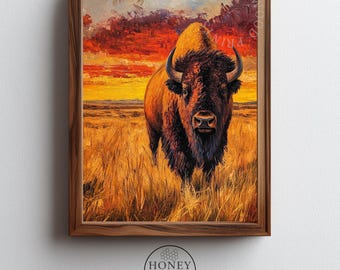 Moody Bison in Windswept Prairie - Rustic Landscape Wall Art, Printable Western Wildlife Decor, Dramatic Sunset Digital Download 23