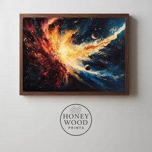 May include: A rectangular wall art print in a dark wood frame featuring a vibrant cosmic nebula with swirling clouds of orange, yellow, and deep red light against a dark blue space background, with two visible planets and small white star-like specks.
