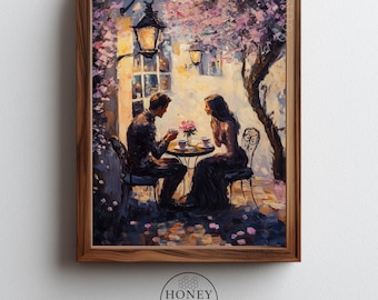 Moody Printable Romantic Cafe Painting - Vintage Paris Evening Scene, Cozy Couple Under Blossoming Tree, Impressionist Digital Art 415