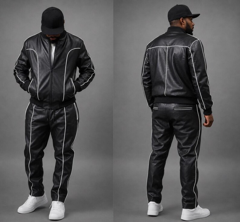 May include: Black leather tracksuit with white piping. The jacket has a zip closure and pockets. The pants have a drawstring waist. The outfit is completed with a black baseball cap and white sneakers. The tracksuit is shown from the front and back.