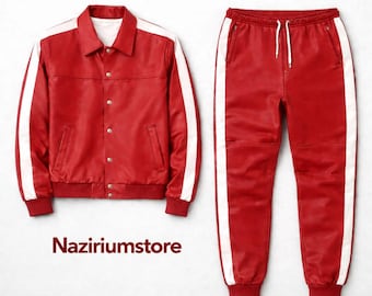 Men's Handmade Premium Leather Tracksuit - Jogging style Men Brayden Geniune Leather Track Suit - Red/White Leather Sweatsuit