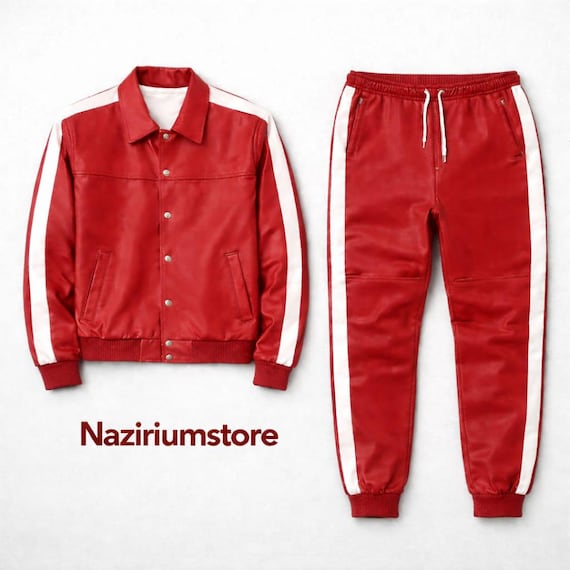 Men's Handmade Premium Leather Tracksuit - Jogging style Men Brayden Geniune Leather Track Suit - Red/White Leather Sweatsuit