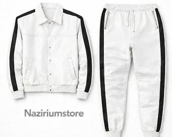 Men Handmade Geniune Leather Tracksuit - Jogging style Men Brayden White Sweatsuit - Activewear Set