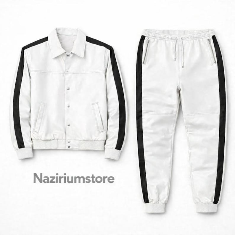 Handgemaakt echt leren trainingspak - joggingstijl heren Brayden wit sweatsuit - sportkledingset afbeelding 1