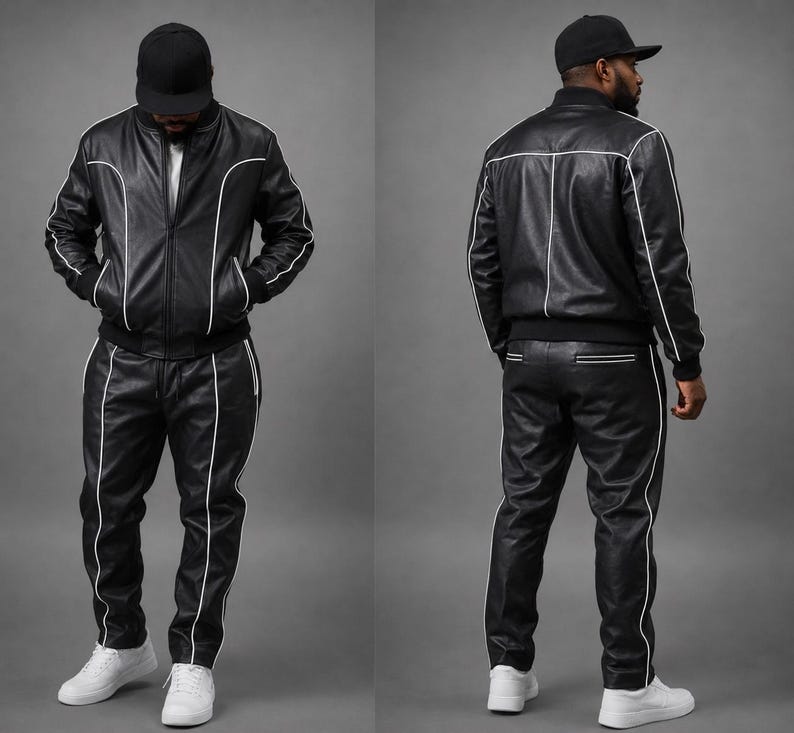 May include: Black leather tracksuit with white piping. The jacket has a zip closure and pockets. The pants have a drawstring waist. The outfit is completed with a black baseball cap and white sneakers. The tracksuit is shown from the front and back.