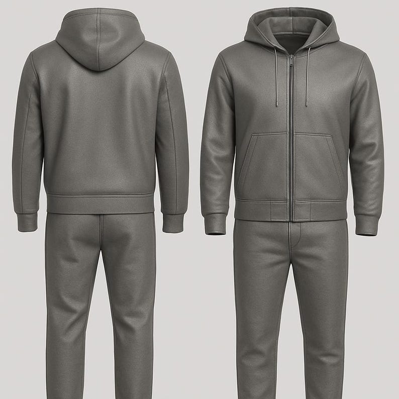 Puede incluir: Un conjunto de ch&aacute;ndal gris de dos piezas. La chaqueta con capucha tiene una cremallera completa, un bolsillo delantero y pu&ntilde;os y dobladillo acanalados. Los pantalones a juego tienen un dise&ntilde;o de pierna recta. El conjunto est&aacute; hecho de un material suave y texturizado.