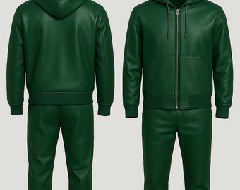Men's Handmade Premium Green Leather Tracksuit - Jogging style Men Brayden Geniune Leather Track Suit - Men's  ActiveWear Leather Sweatsuit