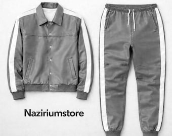 Herren Handmade Premium Leder Trainingsanzug - Jogging-Stil Herren Brayden Geniune Leder Trainingsanzug - Sweatsuit Style Grau mit weißen Sweatsuit