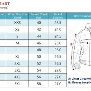 May include: A men's size chart with measurements in inches. The chart includes chest size, jacket size, and sleeve length, with a diagram illustrating how to measure chest circumference and sleeve length.