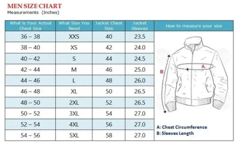 May include: A men's size chart with measurements in inches. The chart includes chest size, jacket size, and sleeve length, with a diagram illustrating how to measure chest circumference and sleeve length.