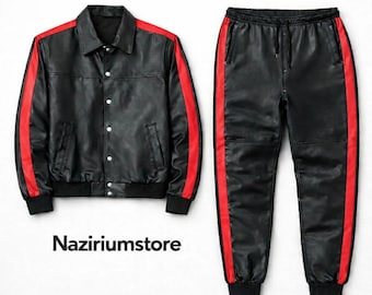Men Premium Black Leather Tracksuit, Jogging style Men Brayden Geniune Leather TrackSuit, Running Leather Sweatsuit, Men Leather Costume