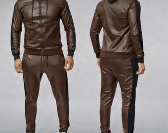 Men Handmade Geniune Leather Tracksuit - Jogging style Men Brayden Hooded Leather Track Suit - Brown with Black