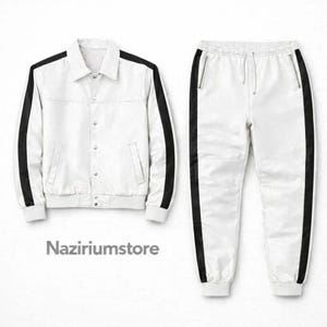 Handgemaakt echt leren trainingspak - joggingstijl heren Brayden wit sweatsuit - sportkledingset afbeelding 5